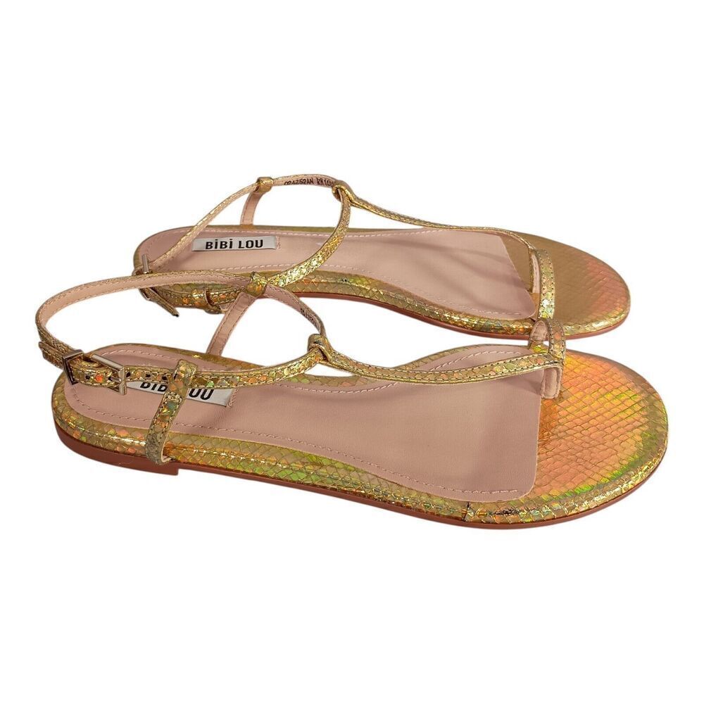 Bibi Lou Sandal Flat Toe Ring T-Strap Gold Snake Leather Women's 38/US 8